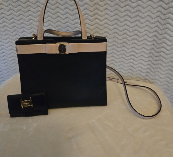 Authentic Salvatore Ferragamo Black and Cream Handbag And Key Holder.